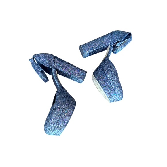 Shellys London Shoes - Shellys London Womens Blue Glitter Platform Block Heel Ankle Strap Size 37 6.5